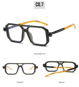 Three-view display of green double-bridge square sunglasses with tortoiseshell temples