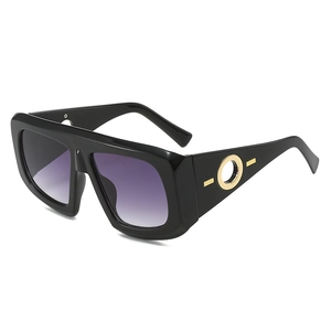 Oversized black square sunglasses with purple gradient lenses and gold metal accents
