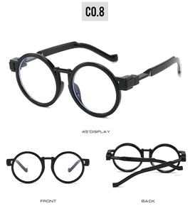Detailed multi-angle views of black vintage round frame sunglasses with front and side views