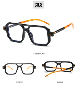 Three-angle view of black double-bridge square sunglasses with tortoiseshell temples