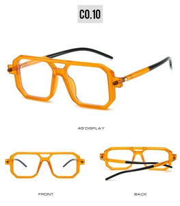 Detailed multi-angle views of orange geometric double-bridge square sunglasses frames