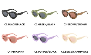 Collage of oval retro sunglasses in multiple vibrant colors with high-gloss plastic frames