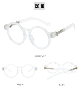 Three views of round retro oversized sunglasses in translucent white with metal hinges