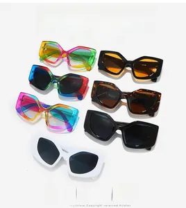 Flat lay of multiple colorful cat-eye sunglasses in rainbow, tortoise, and white frames