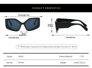 Detailed size chart for cat eye sunglasses showing dimensions and PC frame specifications