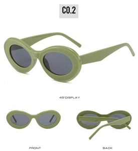 Three-way view of retro oval cat eye sunglasses in olive green with dark grey lenses