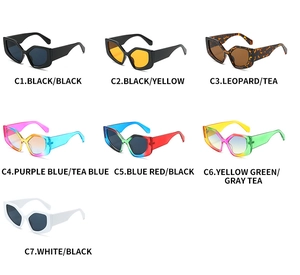 Detailed grid showing seven color variations of hexagonal thick frame cat-eye sunglasses
