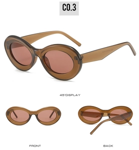 Detail shots of amber oval cat eye sunglasses from front, back, and 45 degree angle views