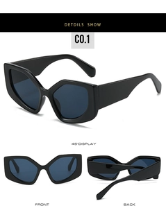 Detail view of black polygon cat eye sunglasses with dark UV lenses from multiple angles