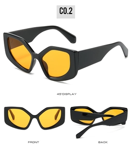 Three-way view of retro cat eye sunglasses with orange lenses and black frames