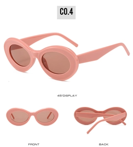 Three-view display of pink oval cat-eye sunglasses with high-gloss finish and brown lenses