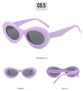 Multi-angle views of purple oval cat eye sunglasses with gray lenses and a light frame