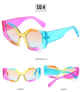 Detailed views of multi-color transparent cat-eye sunglasses with rainbow gradient lenses