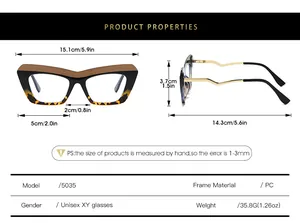 Detailed size chart for cat eye anti-blue light glasses showing PC frame measurements
