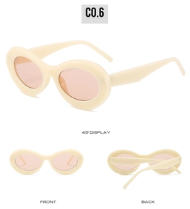 Detailed views showing the front, back, and 45-degree angle of oval cat eye sunglasses