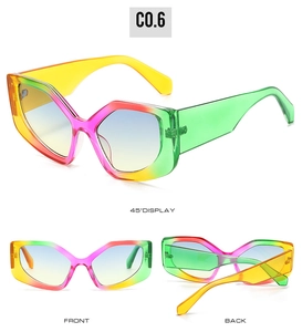 Multi-angle view of geometric cat-eye sunglasses with rainbow gradient transparent frames