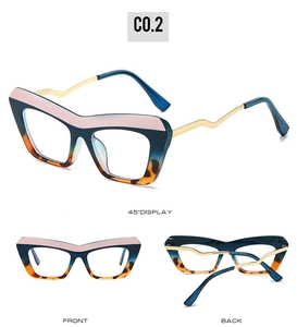 Cat-eye glasses detail view showing colorful frame and gold wavy metal temples