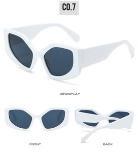 Cat eye sunglasses with white geometric frames and dark lenses in multi-angle views