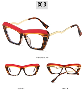 Cat eye blue light glasses with leopard print and geometric metal temples in three views