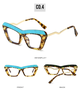 Detailed views of tortoise cat-eye glasses frame with blue top bar and gold wavy temples