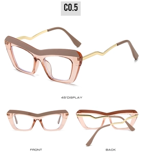 Three-view display of cat-eye eyewear frames with wavy metal temples and transparent tea finish
