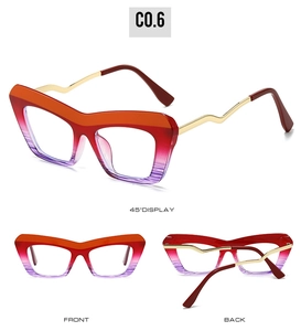 Detailed views of cat-eye glasses frames with red-purple gradient and gold wave temples