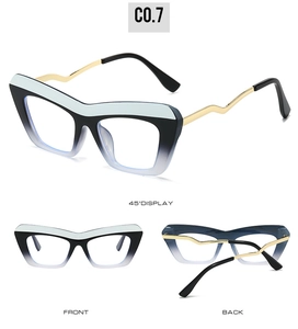 Three-view display of cat-eye blue light blocking glasses with tricolor gradient frame