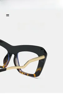 Detail of elegant black and leopard cat-eye frames with golden metal temples