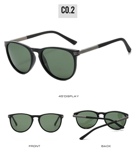 Three-way view of polarized cat eye sunglasses with textured metal temples and green lenses