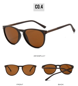 Detailed views of vintage round dark tea polarized sunglasses with woven metal hinges