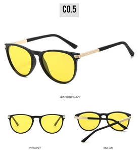 Detailed multi-angle views of retro round polarized sunglasses with yellow lenses