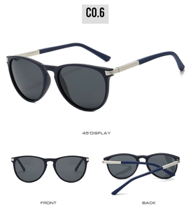 Three perspectives of polarized cat-eye sunglasses with dark blue frames and silver temples