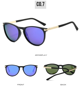 Detailed multi-angle views of polarized cat-eye sunglasses with purple mirrored lenses