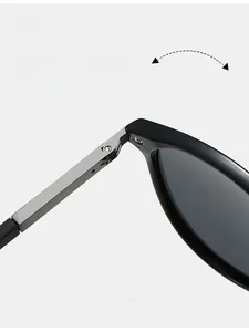 Detail of durable metal hinge and size specification on vintage black polarized sunglasses