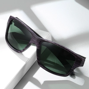 Polarized sports sunglasses with purple wood texture frame and dark green lenses