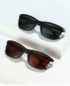 Detail view of square polarized sunglasses featuring gold metal hinges and gradient lenses