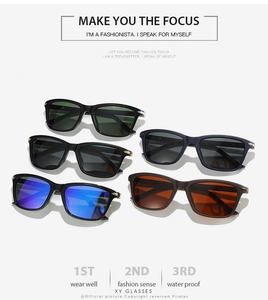 Close-up of polarized square sunglasses in various colors with metal arrow temple detail