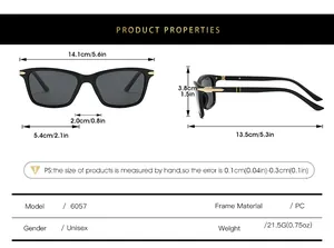 Detailed size chart for polarized sunglasses including frame width and lens height dimensions