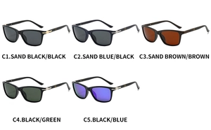Grid display of polarized sunglasses in five colors with metal hinge details
