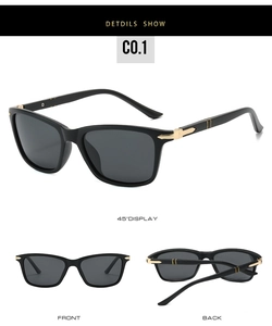 Three-view perspective of black polarized sunglasses featuring metal arrow temple hinges