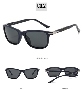 Polarized sunglasses for men featuring a blue frame with silver arrow and yellow stripe detail