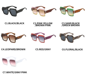 Matrix display of square sunglasses in seven color combinations with gradient lenses