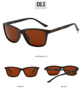 Three perspectives of black matte polarized sunglasses with amber lenses and gold temple detail