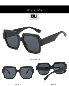 Three-angle view of oversized square black frame sunglasses with dark grey polarized lenses