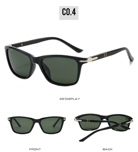 Detailed views of black square polarized sunglasses with dark green lenses and metal hinges