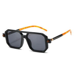 Retro square double bridge sunglasses with black frames and tortoise shell temples