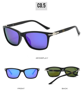 Three-way view of polarized rectangular men's sunglasses with purple gradient lenses