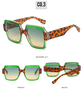 Three views of square sunglasses with green glitter frames and leopard print temples