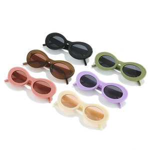 Set of six retro oval sunglasses in various colors including black, amber and olive green
