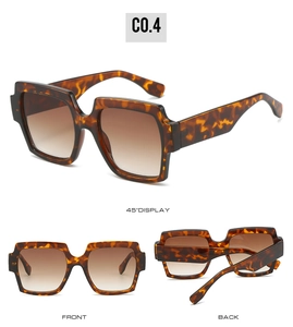 Detailed views of tortoise shell square sunglasses with brown gradient lenses from three angles